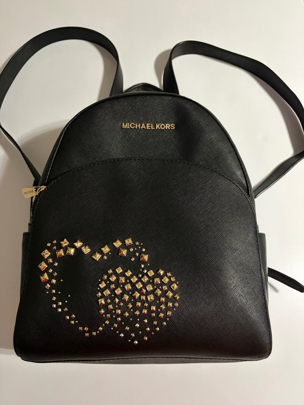 Michael Kors Black Saffiano Leather Backpack with Gold Stud Heart Motif